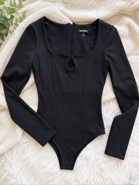 Express Black Long-Sleeve Square Neck Bodysuit with Keyhole Detail